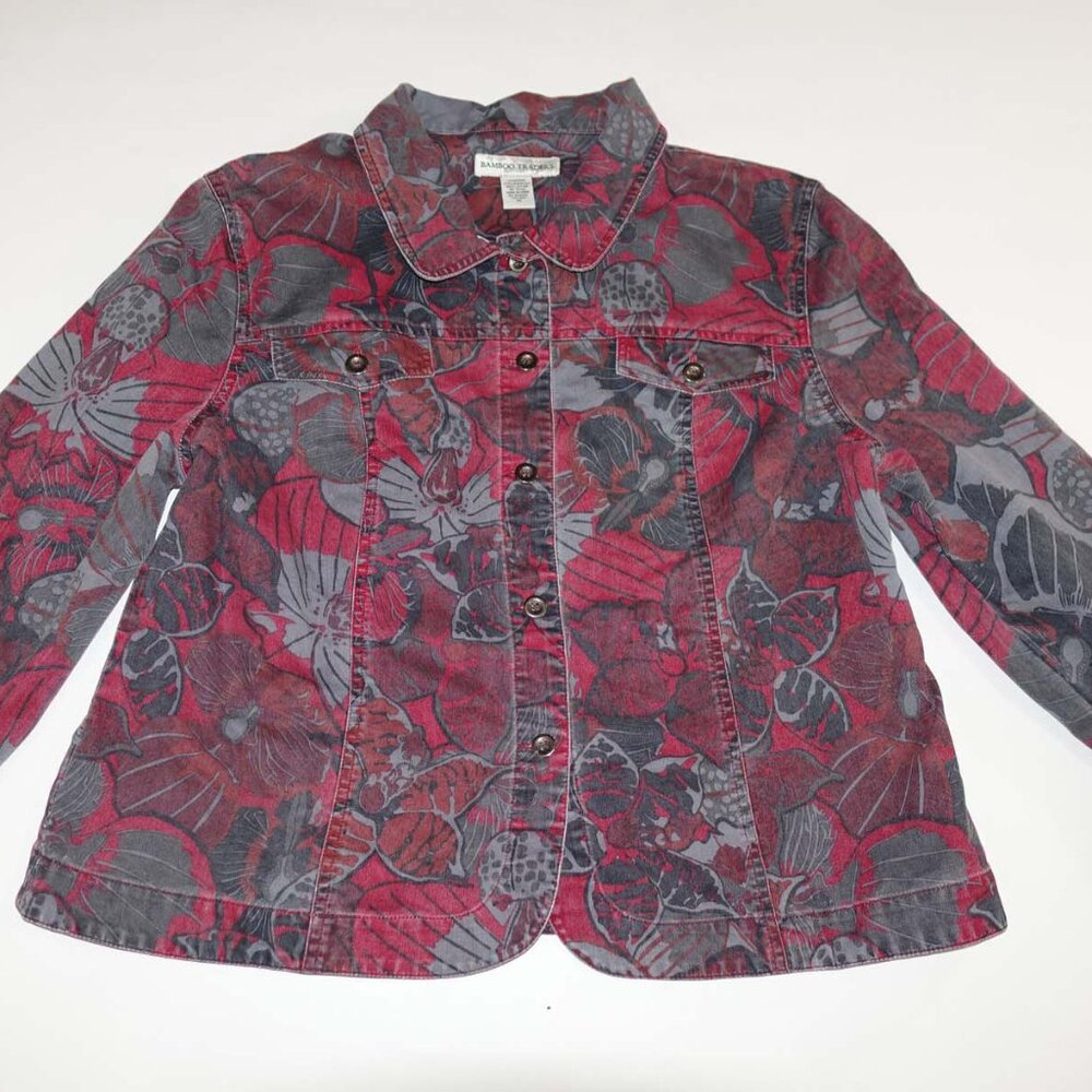Bamboo Traders Women's Jacket Size 1X Long Sleeves Red Gray Floral Print